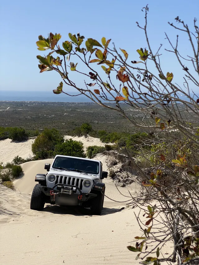 Off-road vehicle on a sand dune with the ocean behind