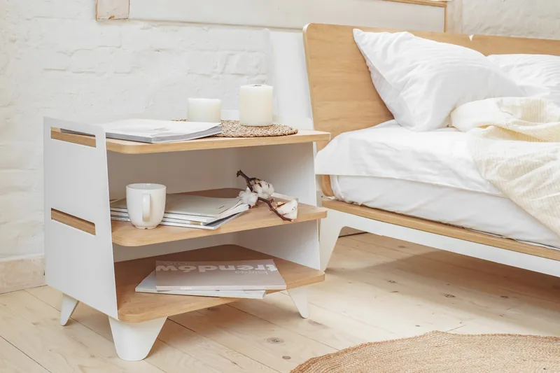 Powder-coated steel bedside table with wooden shelves