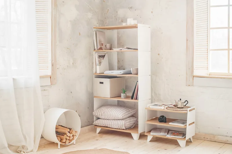 White steel shelving with natural wood shelves