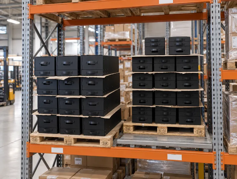 Assembled Emmer kitchen modules stacked on pallets in a warehouse